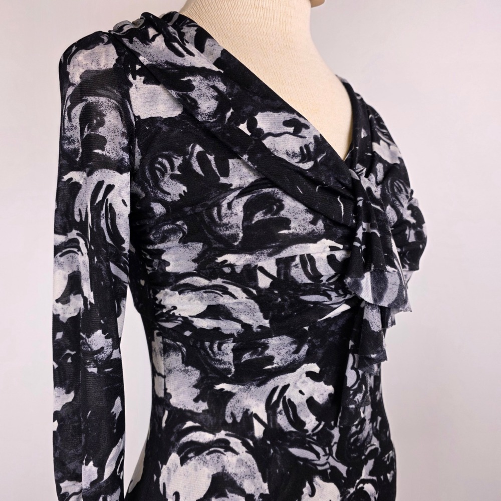 Semantiks Women's XS Black White Sheer Floral Ruffle V-Neck‎ Long Sleeve Blouse - Picture 4 of 9